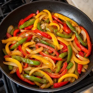 Sliced peppers and onions cooking in a skillet