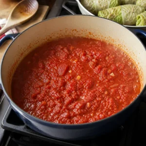 Sauce aux tomates écrasées mijotant doucement dans une large cocotte