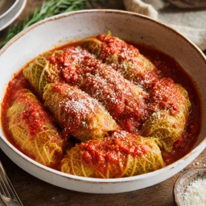 Rollitos italianos de repollo relleno servidos en salsa de tomate