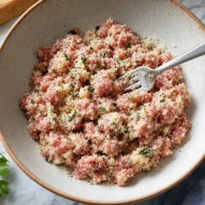 Farce à la saucisse mélangée avec du pain, des herbes et du parmesan