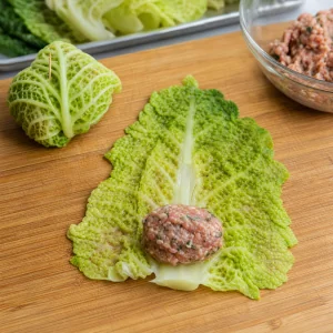 Feuille de chou de Savoie enroulée autour de la farce et fixée avec un cure-dent