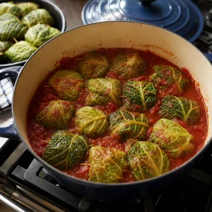 Paquets de chou farci déposés dans la sauce tomate avant le mijotage