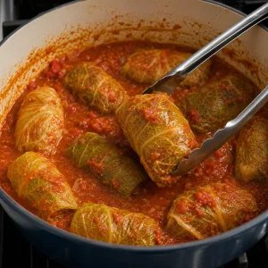 Roulés de chou tendres retournés délicatement dans la sauce tomate