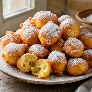 Zeppole italianos terminados espolvoreados con azúcar glas en un plato