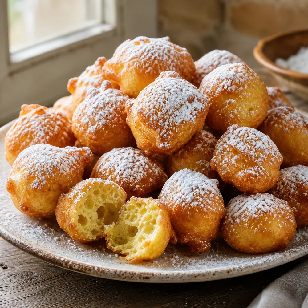 Zeppole italianos prontos polvilhados com açúcar de confeiteiro em um prato
