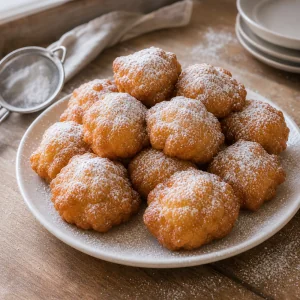 Zeppole prontos servidos em um prato com uma camada final de açúcar de confeiteiro