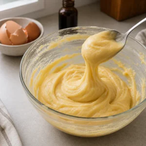 Massa grossa e brilhante de zeppole levantada na colher após misturar os ovos