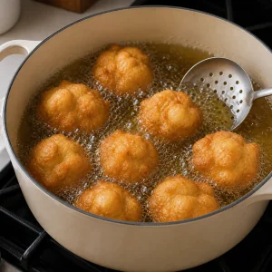 Zeppole dourados e inflados fritando em óleo borbulhante com uma escumadeira por perto