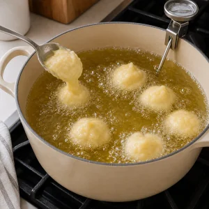 Colheradas arredondadas de massa de zeppole caindo no óleo quente borbulhante