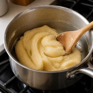 Massa lisa de zeppole desgrudando da panela enquanto é mexida