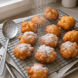 Zeppole fritos quentes escorrendo em uma grade enquanto recebem açúcar de confeiteiro