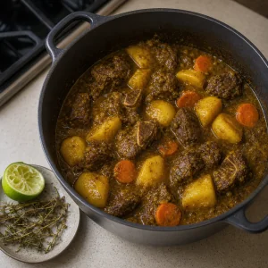 Finished curry goat resting with lime and thyme stems nearby