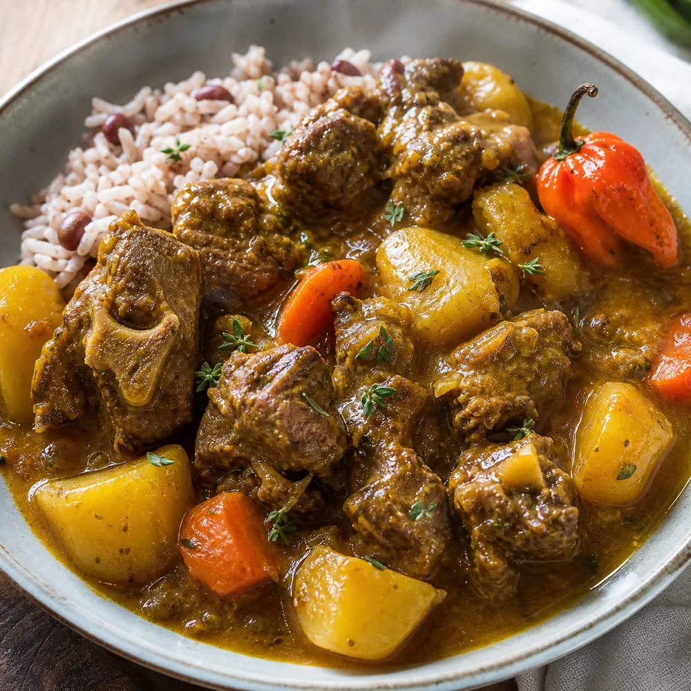 Finished Jamaican curry goat with potatoes and rice