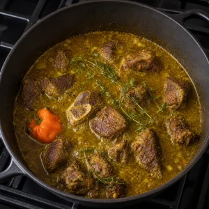 Goat simmering with thyme and a whole Scotch bonnet