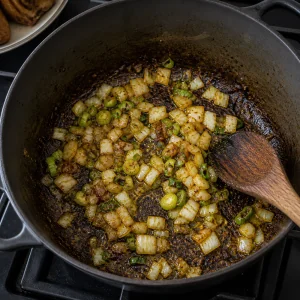 Onion and scallions cooking in browned curry oil