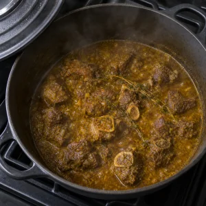 Partly tender curry goat simmering in thickening gravy