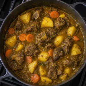 Potatoes and carrot simmering in curry goat gravy