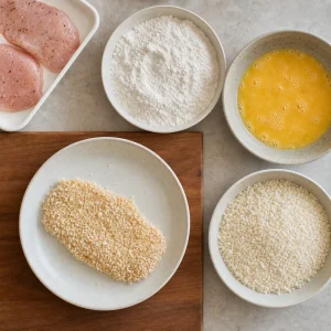 Chicken cutlet breading station with flour, egg, and panko