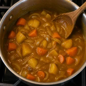 Glossy Japanese curry sauce simmering with carrots and potatoes