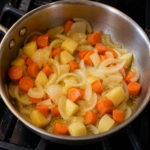 Onion, carrot, and potato cooking in butter in a saucepan