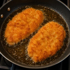 Panko chicken cutlets frying in a shallow layer of oil