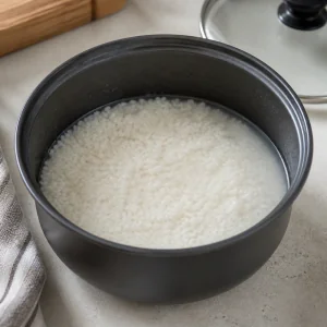 Rinsed short-grain rice and water in a cooking pot