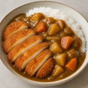 Sliced chicken katsu plated with rice and curry sauce