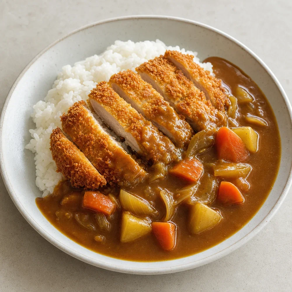 Sliced chicken katsu with rice and Japanese curry sauce