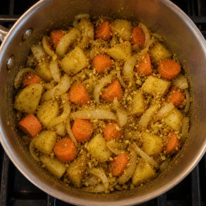 Vegetables coated with curry powder and flour in a saucepan