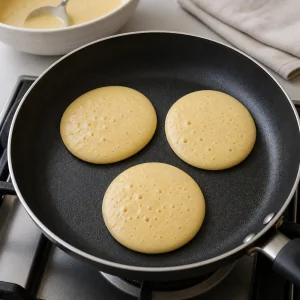 Krążki dorayaki smażące się z pęcherzykami na wierzchu