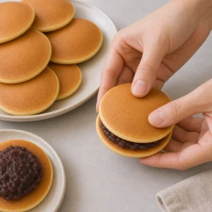 Kanapka dorayaki delikatnie dociskana do zamknięcia