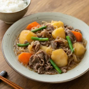 Nikujaga pronto de carne bovina e batatas em uma tigela rasa