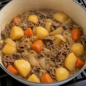 Nikujaga köchelt offen mit weichen Kartoffeln und Karotten
