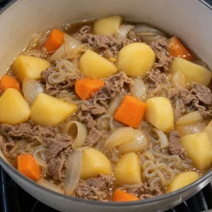 Kartoffeln, Karotten, Rindfleisch und Shirataki in Soja-Dashi-Brühe