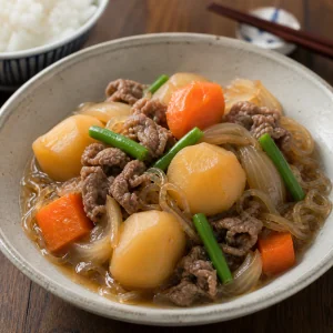 Serviertes Nikujaga mit Rindfleisch, Kartoffeln, Karotten, grünen Bohnen und Brühe