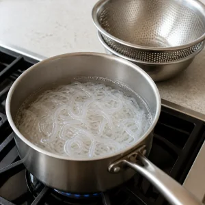 Shirataki-Nudeln kochen in einem kleinen Topf