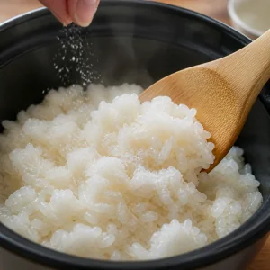 Hot rice being fluffed with a paddle and sprinkled with salt