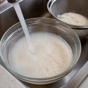 Short-grain rice being rinsed in a bowl of cloudy water