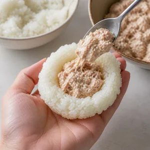Tuna mayo filling spooned into a well of warm rice
