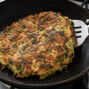 Browned vegetable pancake being lifted with a spatula in a skillet