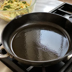 Heavy skillet with a thin layer of shimmering oil