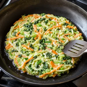 Raw vegetable pancake mixture pressed into a round in a skillet