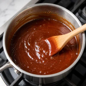 Reddish-brown sauce simmering in a small saucepan