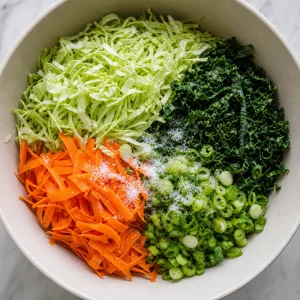 Shredded cabbage, carrots, kale, scallions, and salt in a mixing bowl