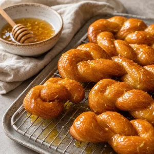 Golden twists glazed with honey on a rack