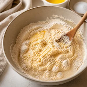 Shaggy sweet dough mixed in a bowl