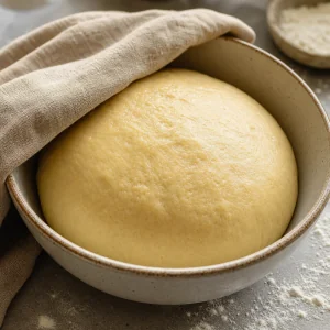 Smooth risen dough in an oiled bowl