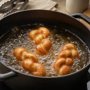 Twisted dough frying in bubbling oil
