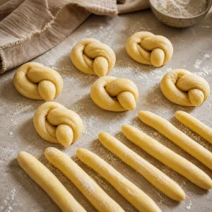 Unbaked dough ropes shaped into twists