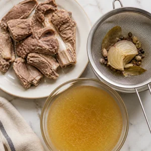Cooked lamb beside strained spices and golden lamb broth